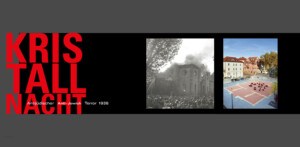 Ludwigsburg, 10. November 1938: Schaulustige vor der brennenden, 1885 eingeweihten Synagoge Stadtarchiv Ludwigsburg - Ludwigsburg, 2016: Synagogenplatz mit markiertem Grundriss der zerstörten Synagoge. Koffer mit den Namen Ludwigsburger Juden erinnern an deren Ermordung im Holocaust. Fotograf: Jochen Faber